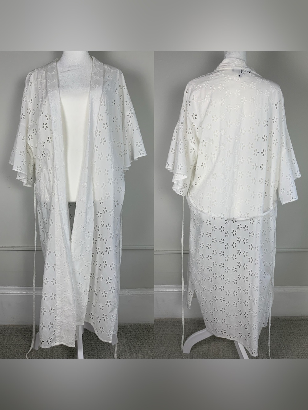 BCBG White Eyelet Open Front Long Kimono Coverup Bell Sleeve size XS/S